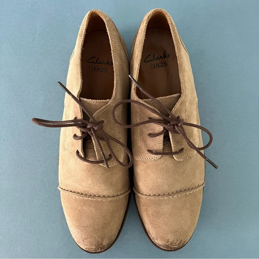Clarks Exton Oxford Cap Toe‎ Lace Up Tan Suede Derby Shoes